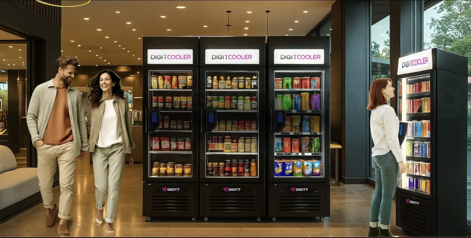 A row of smart coolers in a hotel lobby with guests walking past