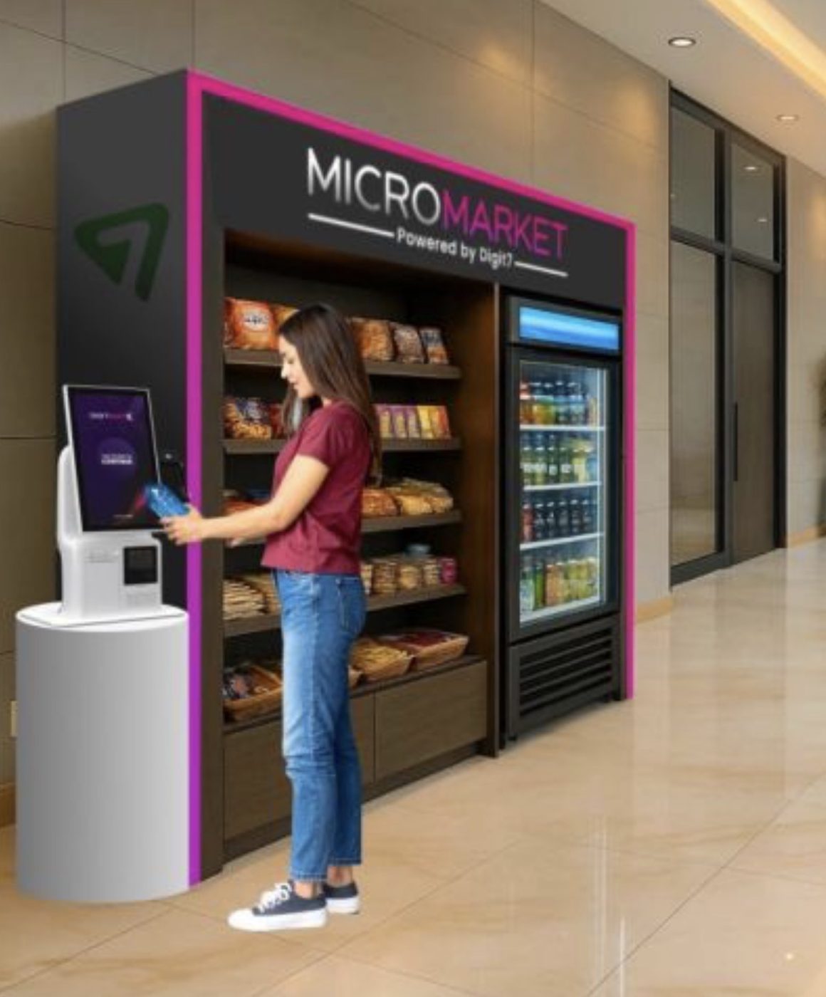 A guest checks out at a micro market installation with open shelving, a smart cooler, and a self-checkout station